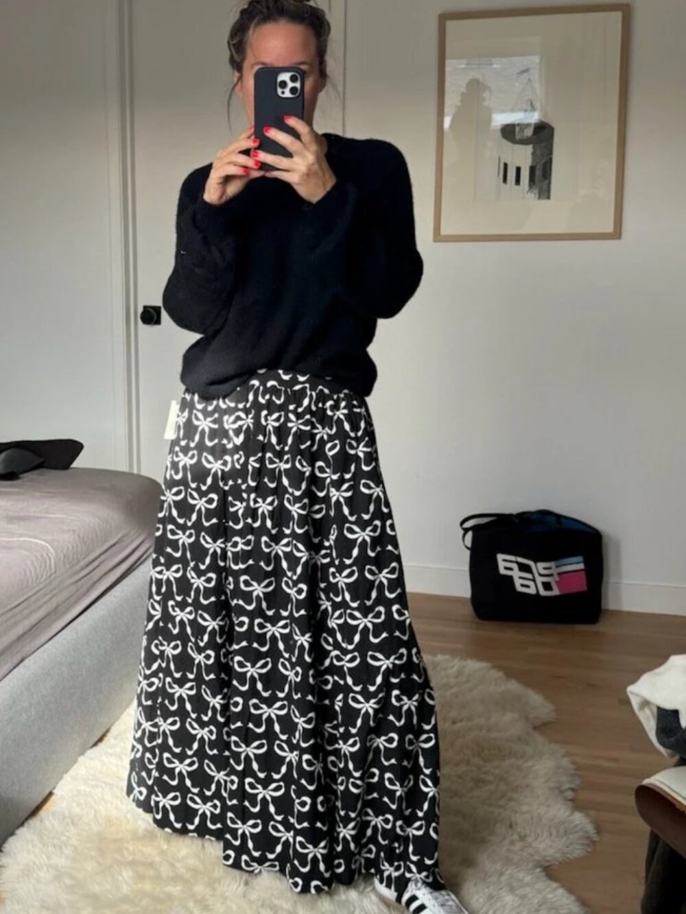 Maeve x Anthropologie Jacie Black & White Flowy Bow Midi Skirt